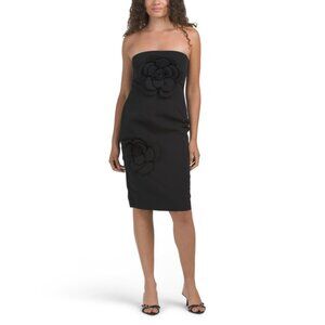 DALIA MACPHEE Black Strapless 3d Floral Cocktail Mini Dress